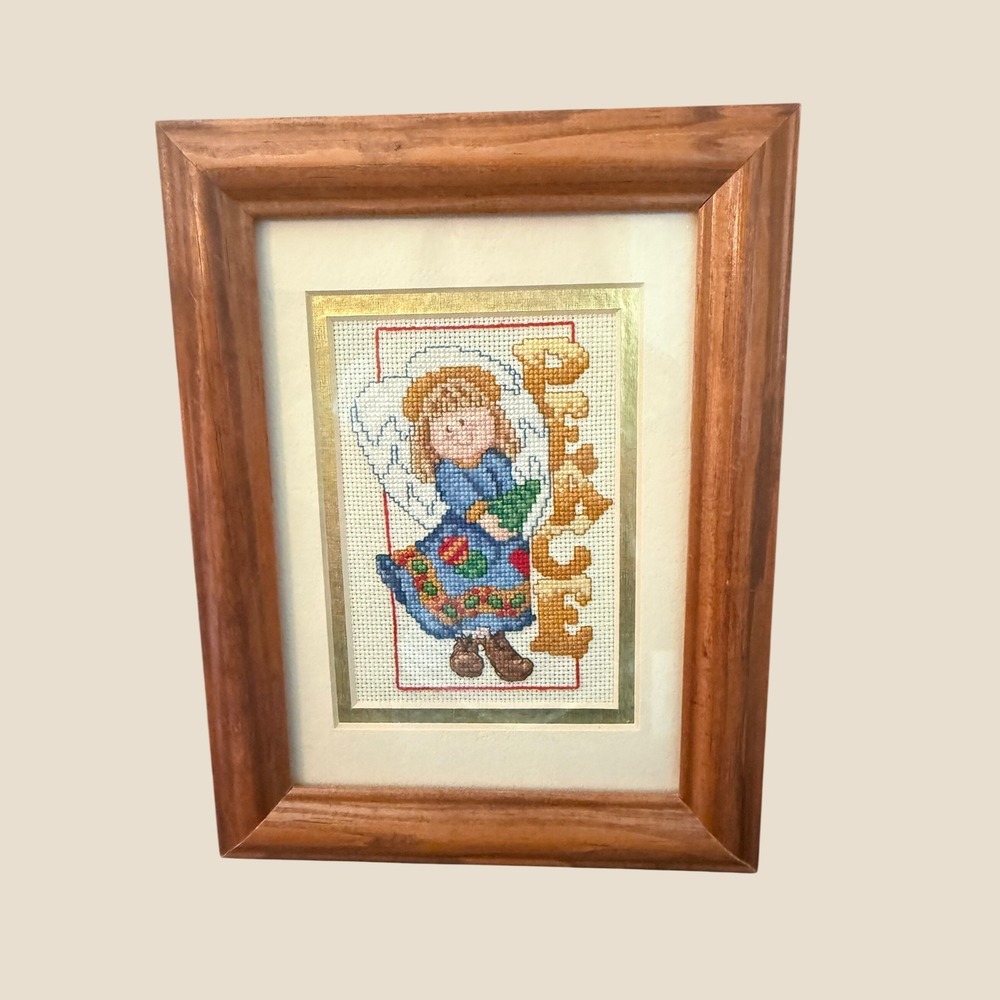 Vintage Handmade Cross Stitch Christmas Angel Peace needlepoint wood 6.5 x 8.5